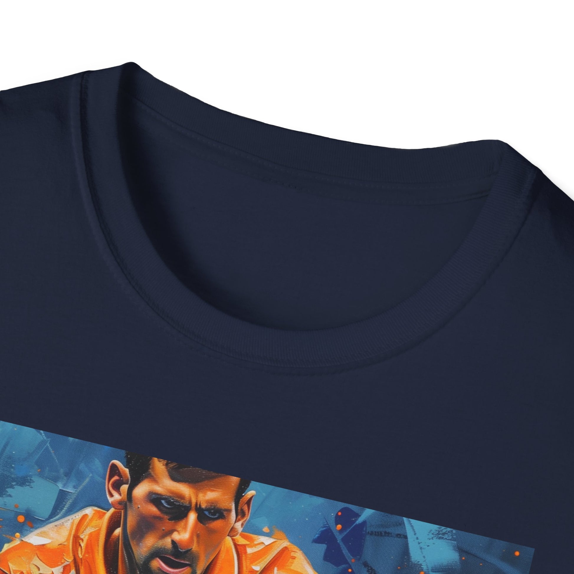 "Vibrant Djokovic Painting T-shirt featuring the tennis legend's unmatched skills and determination"