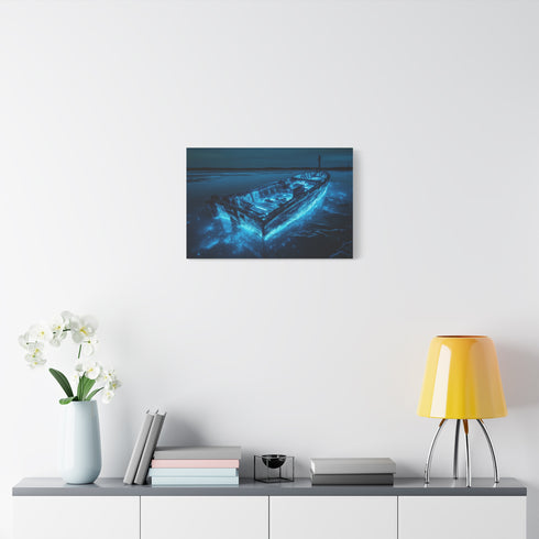 Sunken Ship Glowing with Bioluminescence — Canvas Wall Art — Kiln-Dried Pine Frame & Ready-to-Hang Back View
