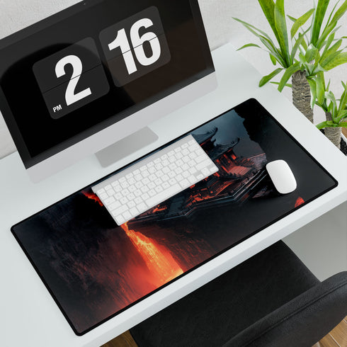 Levitating Temple Above Lava River — XL & XXL Desk Mat — 3mm Non-Slip Natural Rubber Base Detail