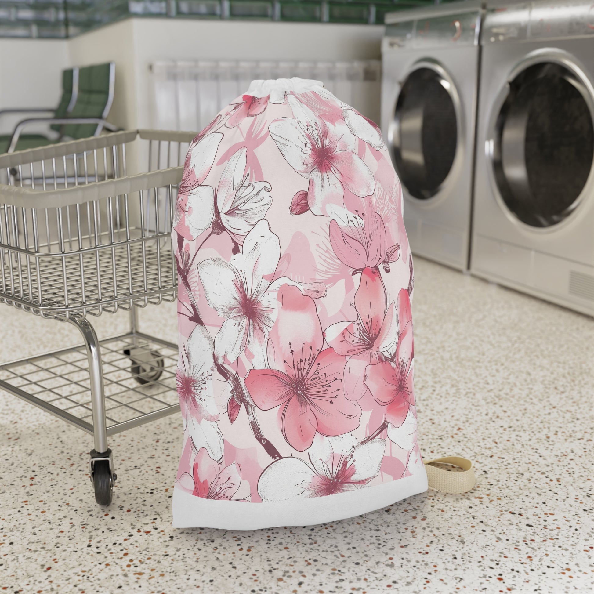 "Cherry Blossom Laundry Bag - Pink and white seamless pattern, keeps clothes tidy and organized"