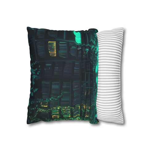 Overgrown Library with Glowing Books (Edition II) — 40×40 Cushion Cover — Sofa & Living Room Lifestyle View