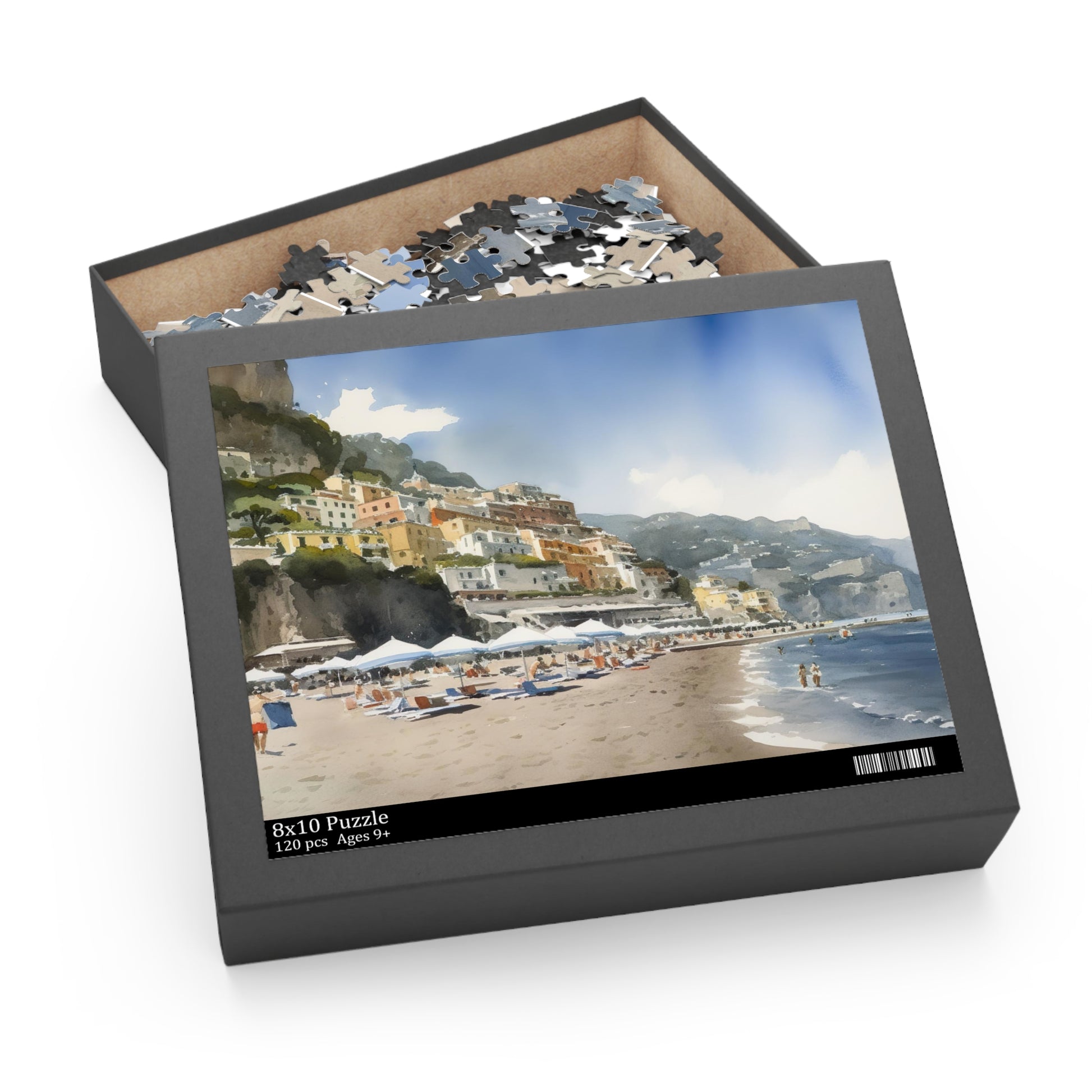 "Amalfi Coast jigsaw puzzle featuring colorful buildings, crystal-clear waters, and stunning coastline"