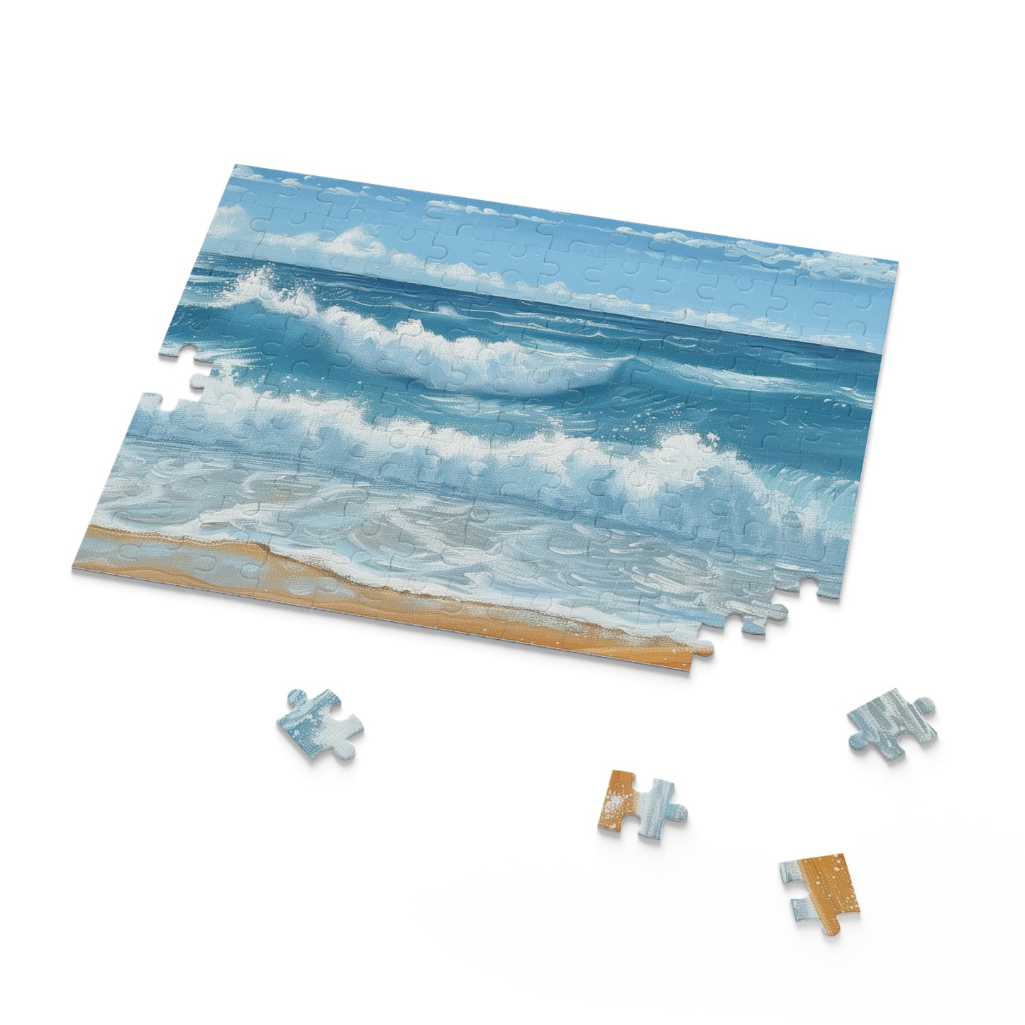 Surf's Up Jigsaw Puzzle - Tranquil beach scene with vibrant surfboard, perfect for relaxing fun