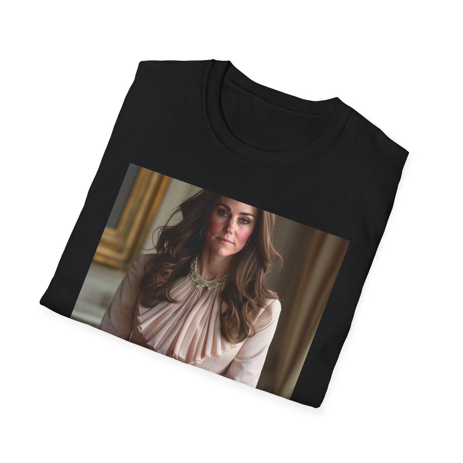 "Royal Tapestry T-shirt inspired by Kate Middleton's enduring elegance and legacy, featuring soft brushstrokes and a sophisticated color palette. Embrace your inner strength and grace with this captivating tee."