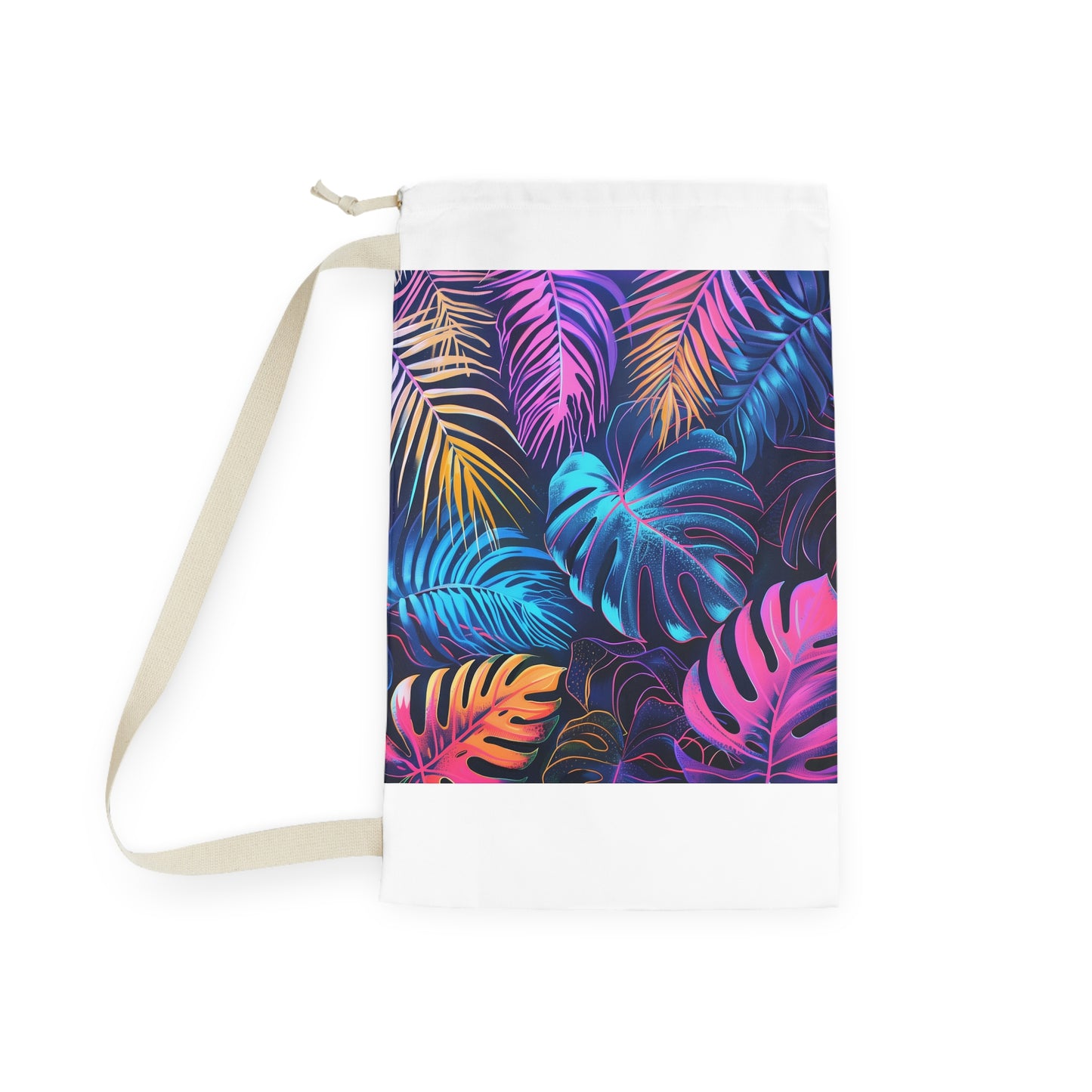 "Neon Tropical Leaves Laundry Bag - Bring paradise to your laundry with vibrant palm trees design"