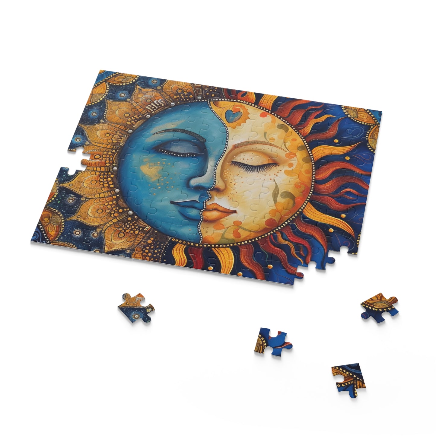 "Celestial Mandala Puzzle - Tranquil sun and moon design, captivating and soothing jigsaw puzzle"