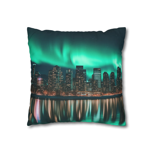 City Skyline with Aurora Behind — 40×40 Cushion Cover — Double-Sided Back & Concealed Zip Detail