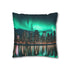 City Skyline with Aurora Behind — 40×40 Cushion Cover — Double-Sided Back & Concealed Zip Detail