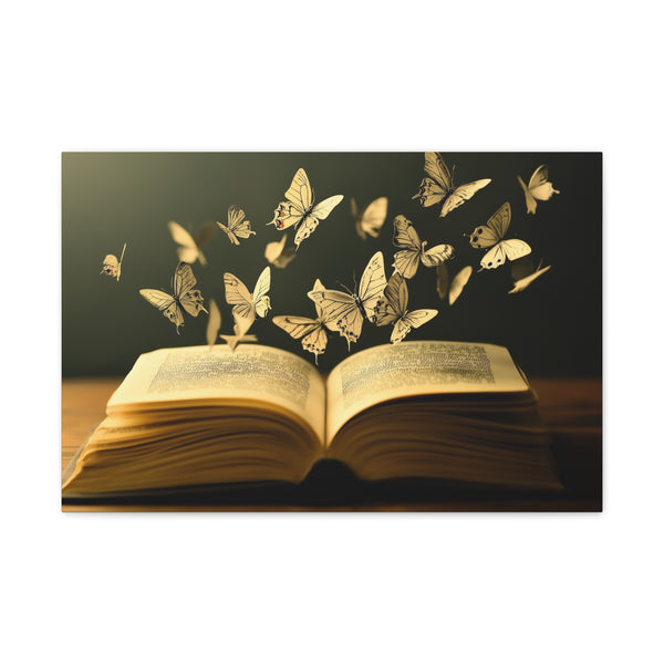 Book with Words Turning into Butterflies Stretched Canvas Wall Art
