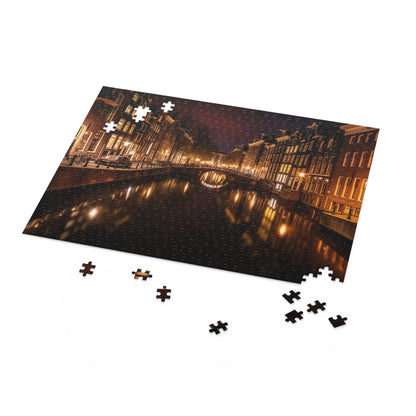 Amsterdam Canals Night Puzzle - Beautiful cityscape jigsaw puzzle capturing Amsterdam's iconic canals at night.