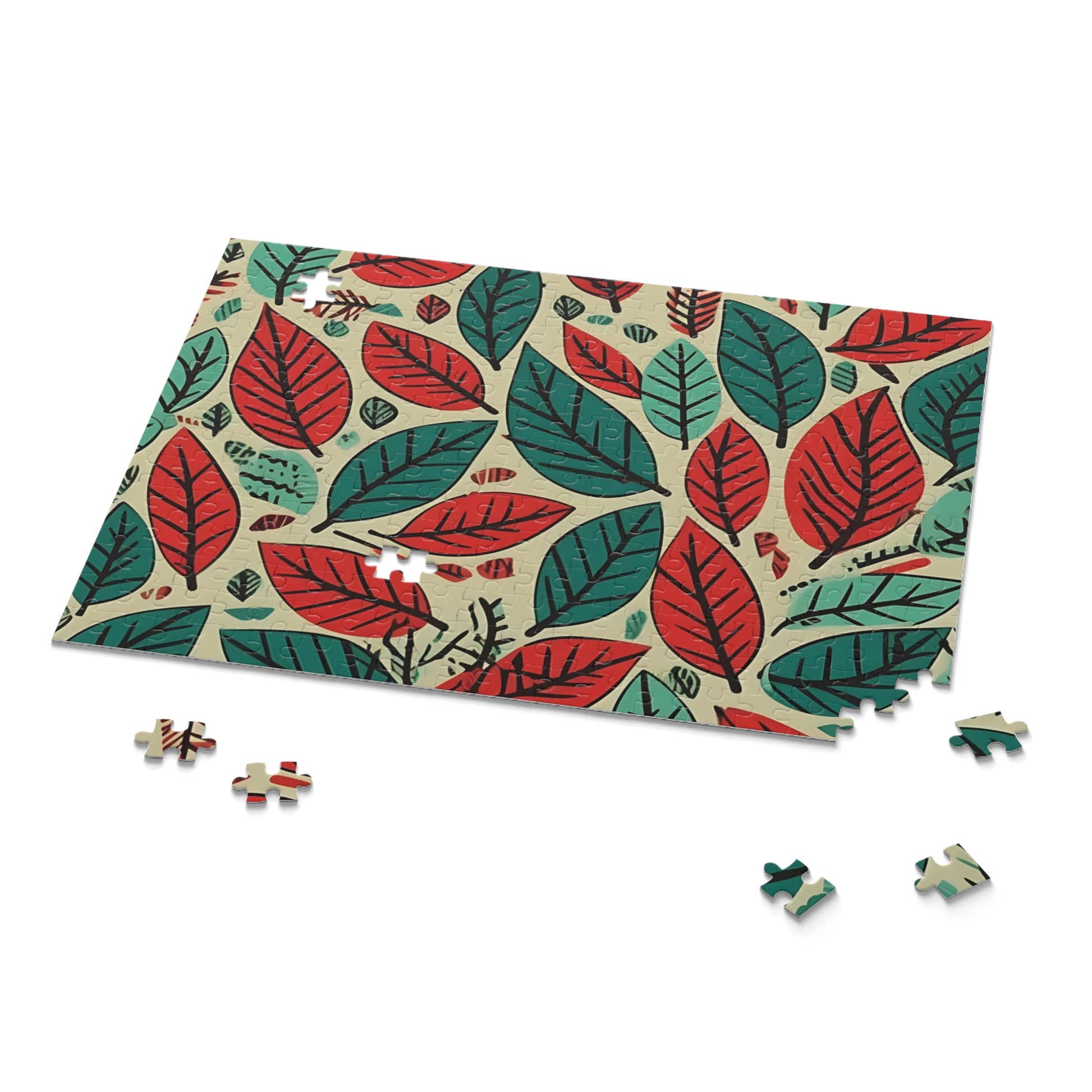 "Unique Dirty Ferret Leaf Puzzle in Modern Green and Red Hues - Fun and Challenging!"