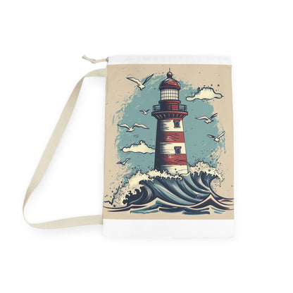 "Seaside charm lighthouse and waves laundry bag for stylish storage on laundry day"