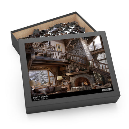 "Mountain cabin escape jigsaw puzzle, perfect for cozy nights in or challenging rainy day"