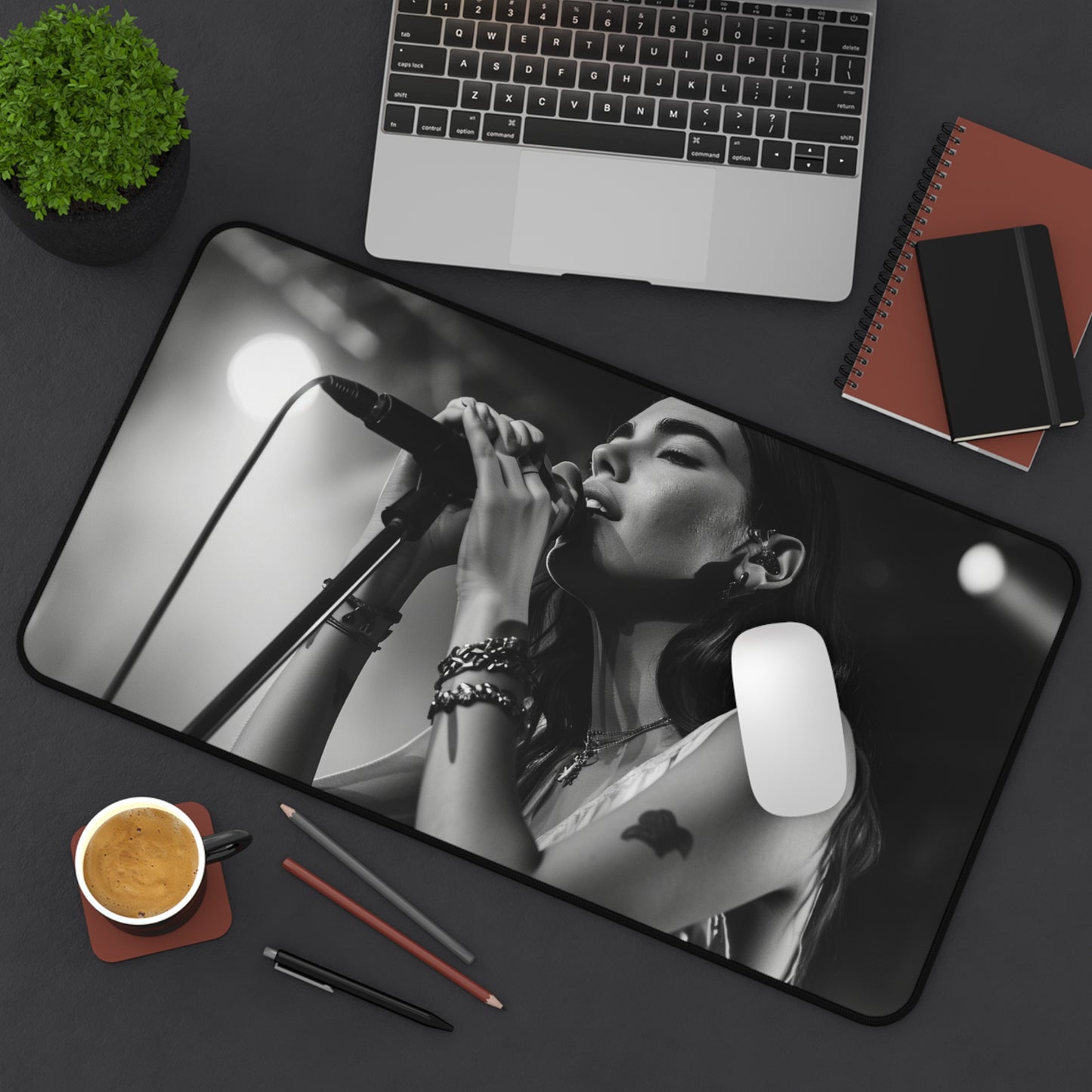 "Dua Lipa Desk Mat Collection - Stylish workspace accessory with pop star energy, featuring Dua Lipa singing on stage. Stay inspired and organized while working!" #DuaLipa #DeskMat #WorkspaceAccessory #PopStarEnergy