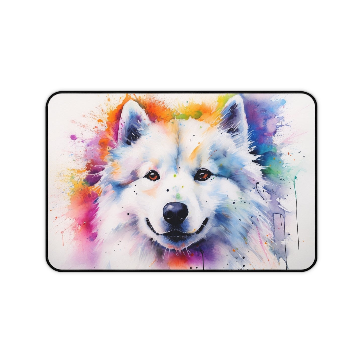 "Adorable Samoyed pup desk mat, protects desk with fluffy charm - perfect workday accessory"