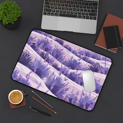 "Serene Lavender Fields Desk Mat - Elegant floral pattern for tranquil workspace"