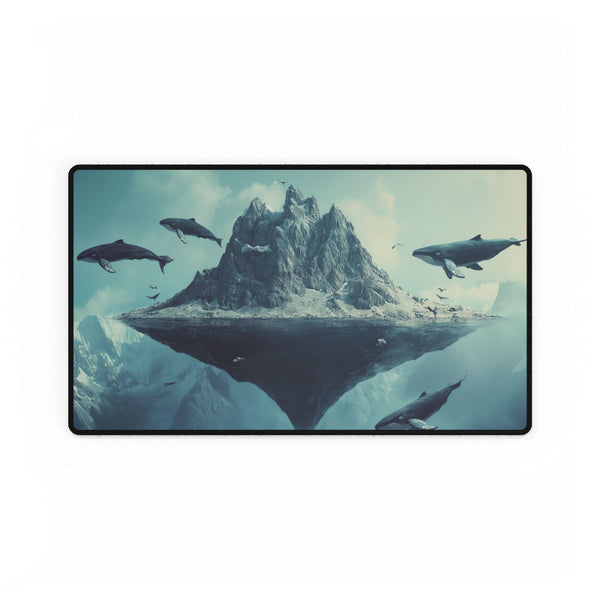 Floating Mountain Surrounded by Whales — XL & XXL Desk Mat — Gaming & Workspace Desk Setup View