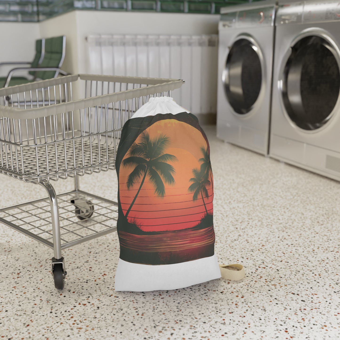 Tropical sunset laundry bag with retro palm trees design, perfect for adding charm to your space.