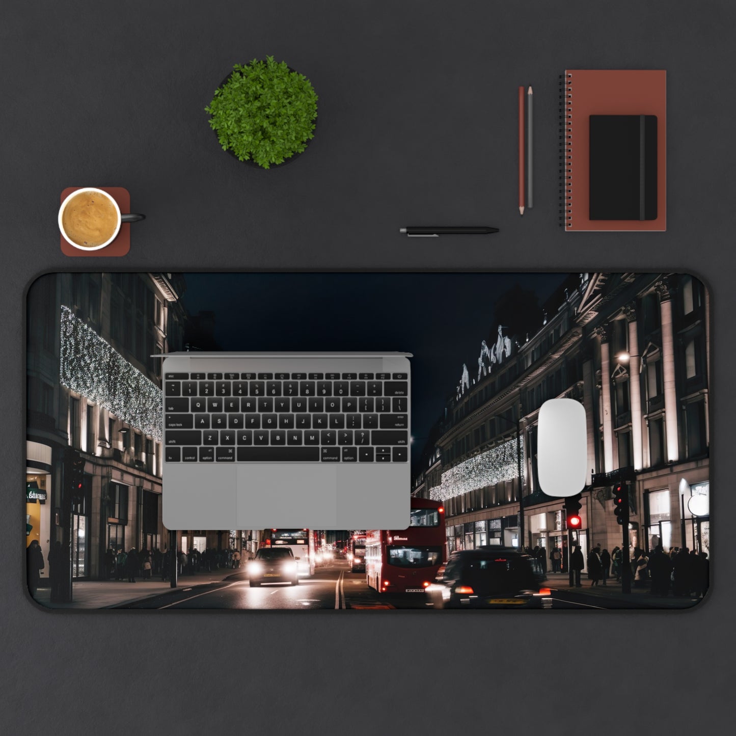 "Oxford Street Night Desk Mat: Stylish urban workspace accessory with nighttime London view"