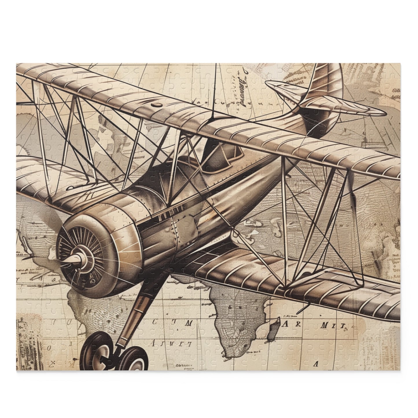 Vintage Airplane Travel Stamp Puzzle - Colorful jigsaw with global travel stamps, ideal for aviation fans and puzzle enthusiasts.