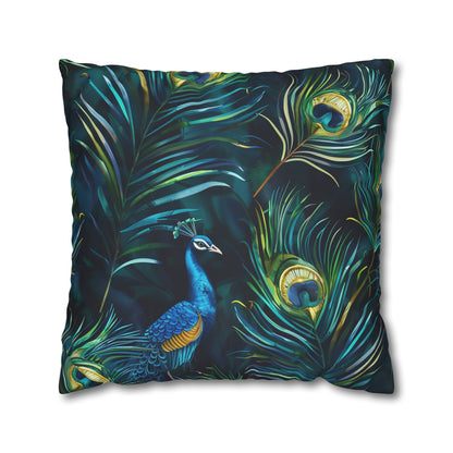 "Vibrant blue peacock feather pillowcase, elegant seamless pattern for luxurious sleep oasis"