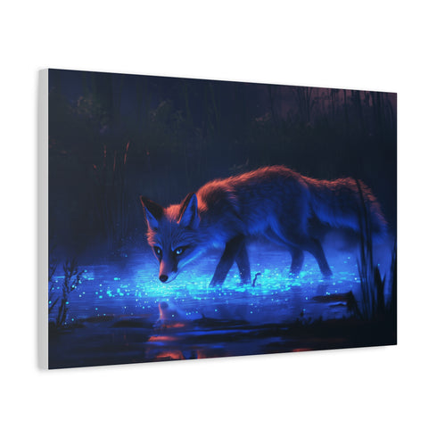 Bioluminescent Fox Walking Through Swamp — Canvas Wall Art — Side Profile & Stretched Corner Detail