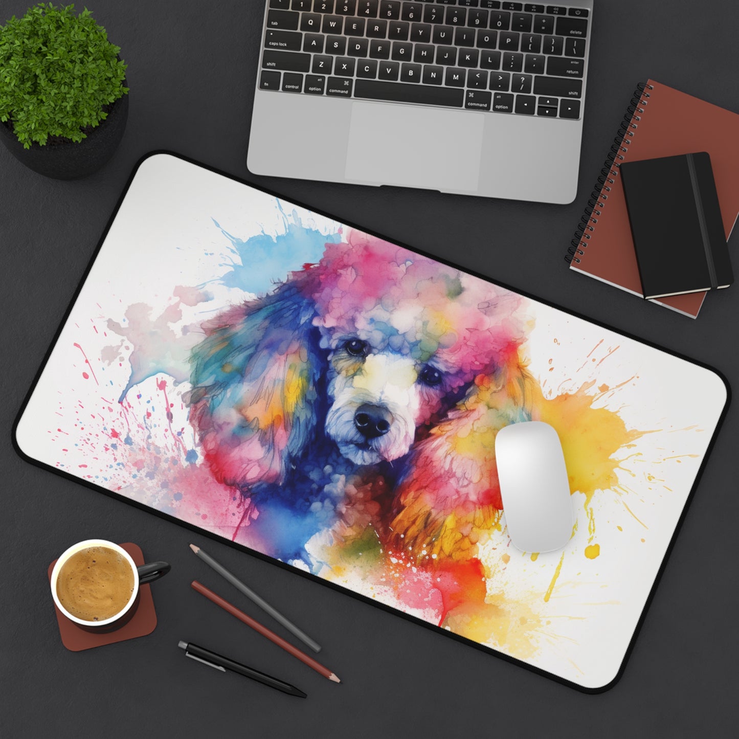 "Cute poodle desk mat brings whimsy to workspace, protects desk surface"