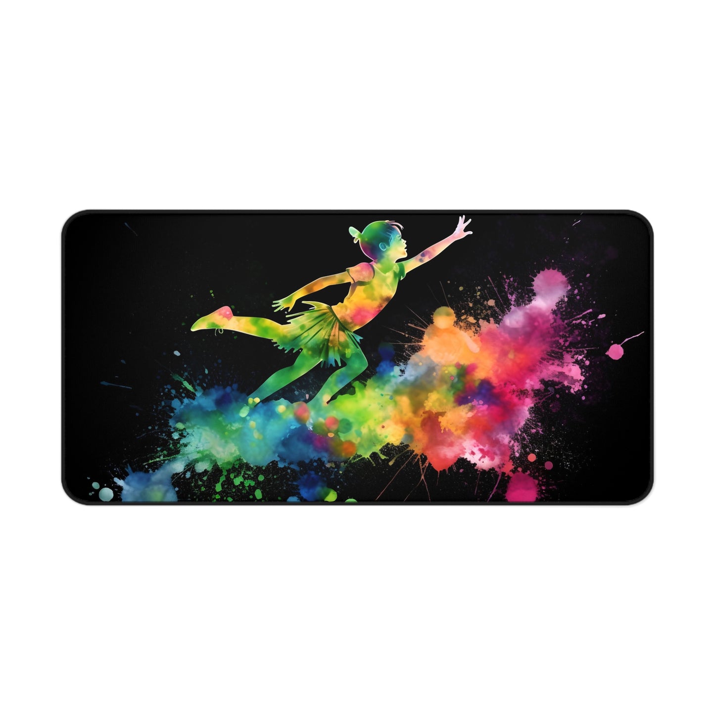 "Peter Pan Neon Desk Mat with vibrant watercolor design, perfect for sparking creativity at work"