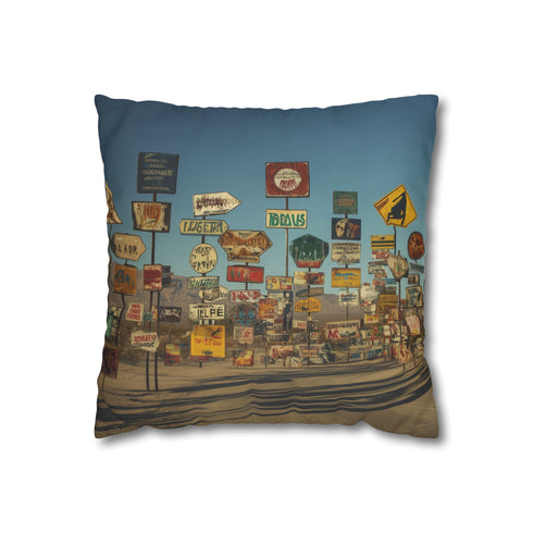 Desert Road with Endless Signs (Edition II) — 40×40 Cushion Cover — Front 40×40 cm Square Cushion View