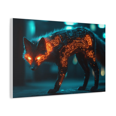 Cyber Fox with Glowing Circuitry — Canvas Wall Art — Side Profile & Stretched Corner Detail
