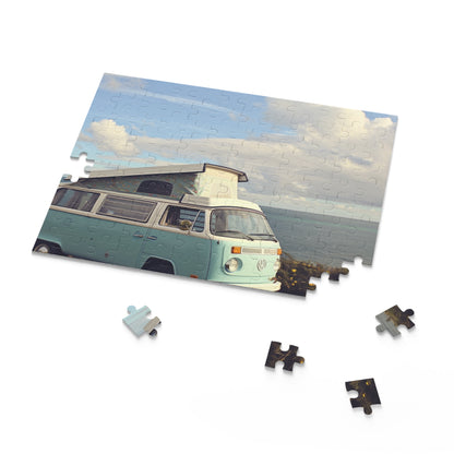 Blue Seaside Camper Van Puzzle - Retro van on beach scene jigsaw for vintage and beach lovers