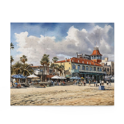 "Venice Beach jigsaw puzzle with colorful buildings, palm trees, and bustling crowds"