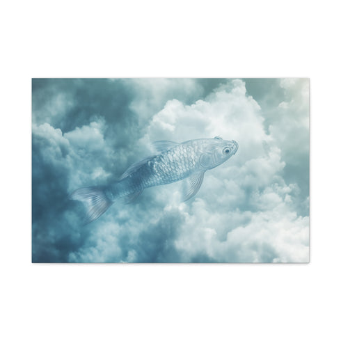 Glass Fish Swimming Through Clouds — Canvas Wall Art — Living Room Wall Lifestyle View