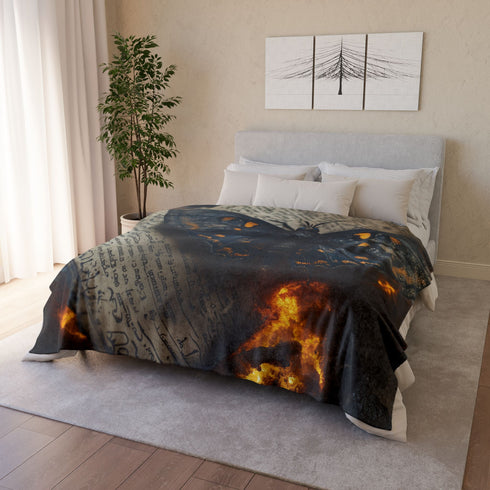 Lava Moth Resting on Burning Scroll — Plush Fleece Throw Blanket — Product Detail View 12