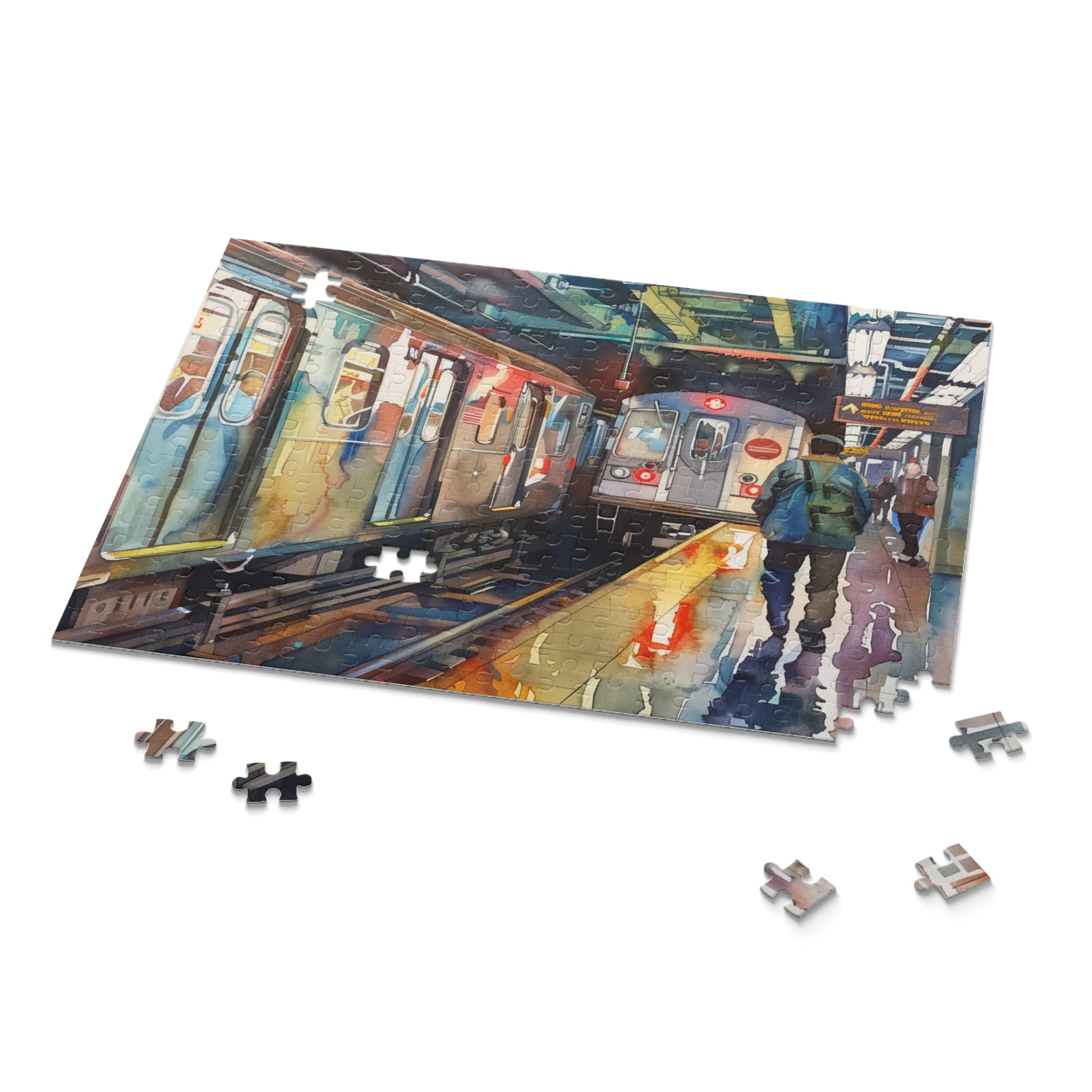 "NYC Subway Watercolor Puzzle - Vibrant jigsaw puzzle of NYC subway system in stunning watercolor detail"