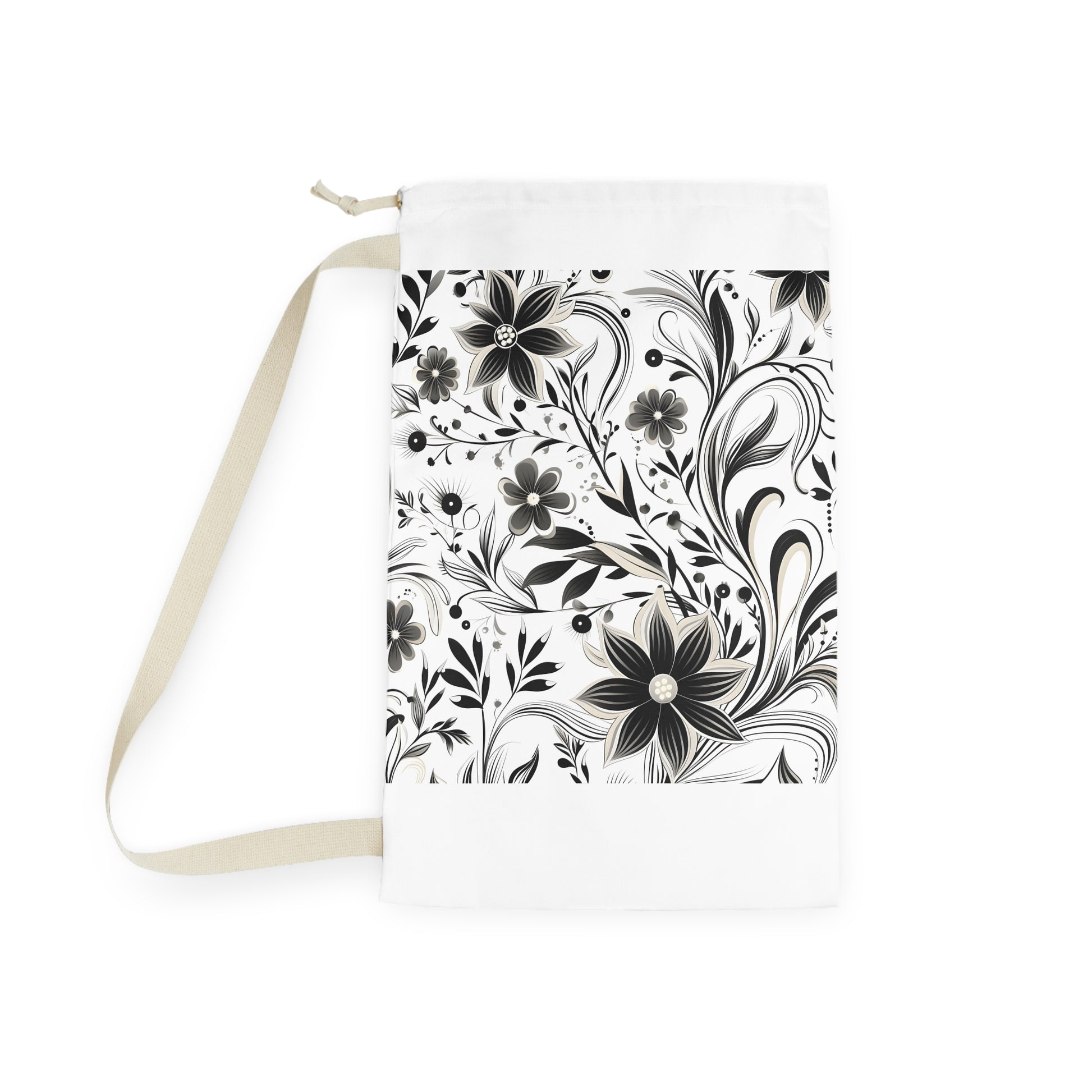 Stylish Monochrome Pattern Laundry Bag with Black and White Vector Flat Bezier Curves - Modern Laundry Essential