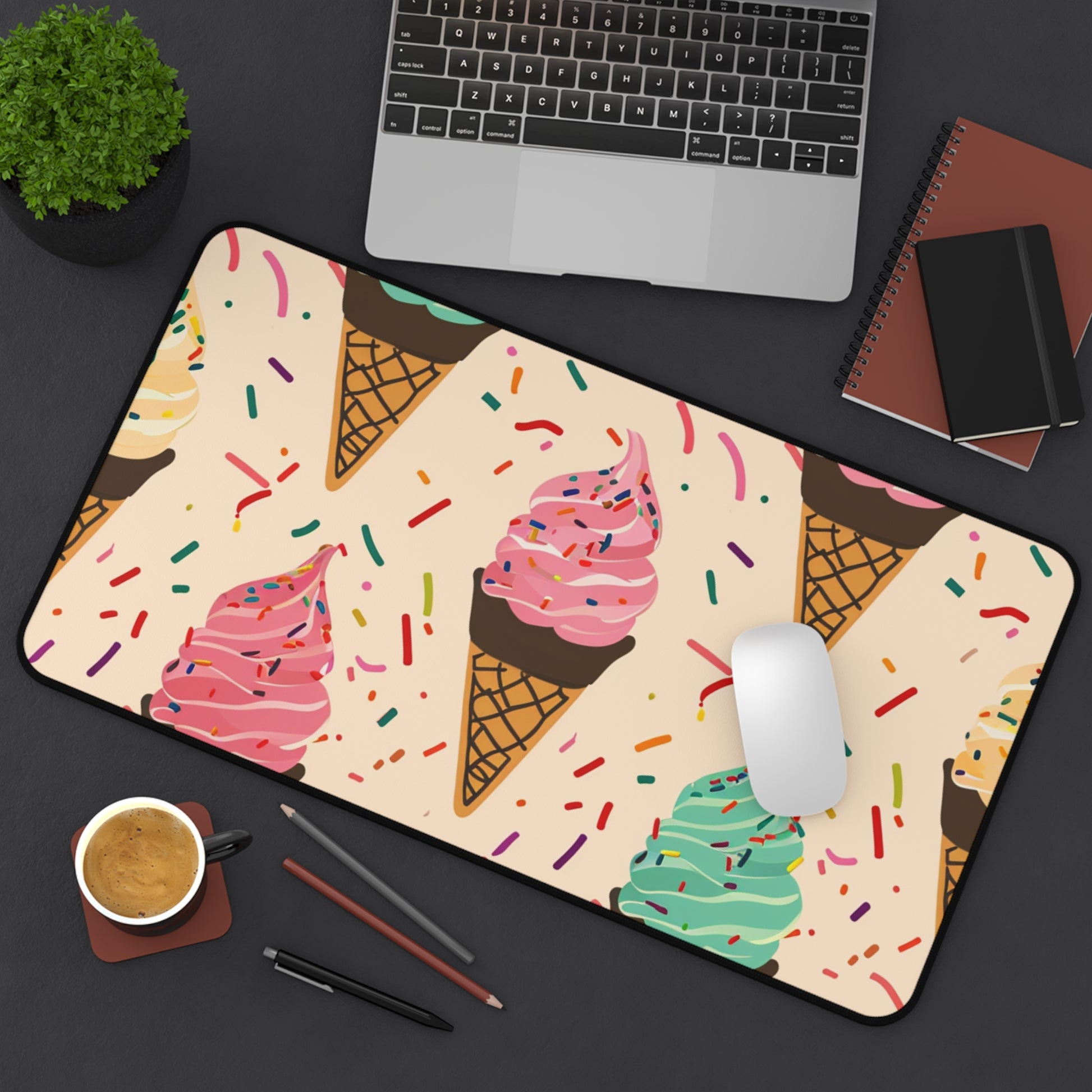 "Sprinkle Cone Desk Mat - Colorful ice cream cone pattern for workspace transformation"