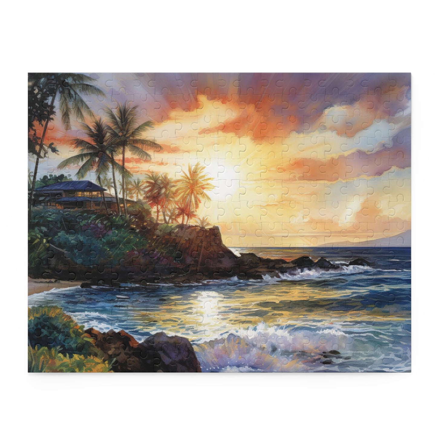 "Experience Hawaii beach paradise with this stunning jigsaw puzzle featuring crystal blue waters and golden sand"