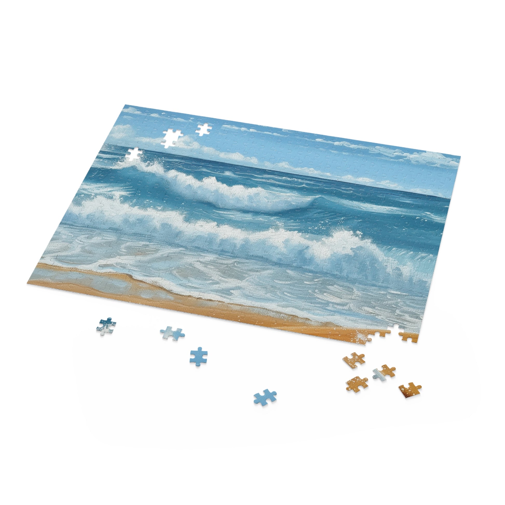 "Surf's Up Puzzle - Serene wave crashing against a vibrant surfboard, perfect for relaxing fun"