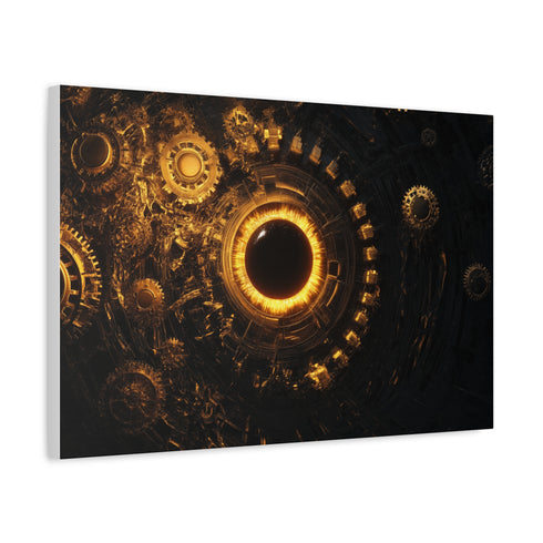 Golden Gears Orbiting Black Sun — Canvas Wall Art — Side Profile & Stretched Corner Detail