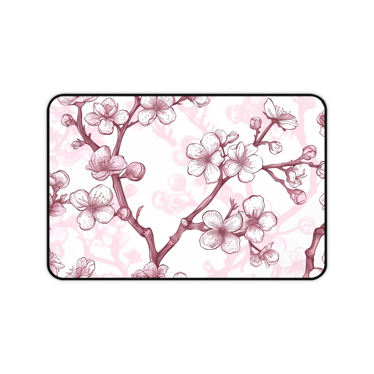 "Cherry Blossom Desk Mat: Elegant pink and white pattern for stylish workspace décor"