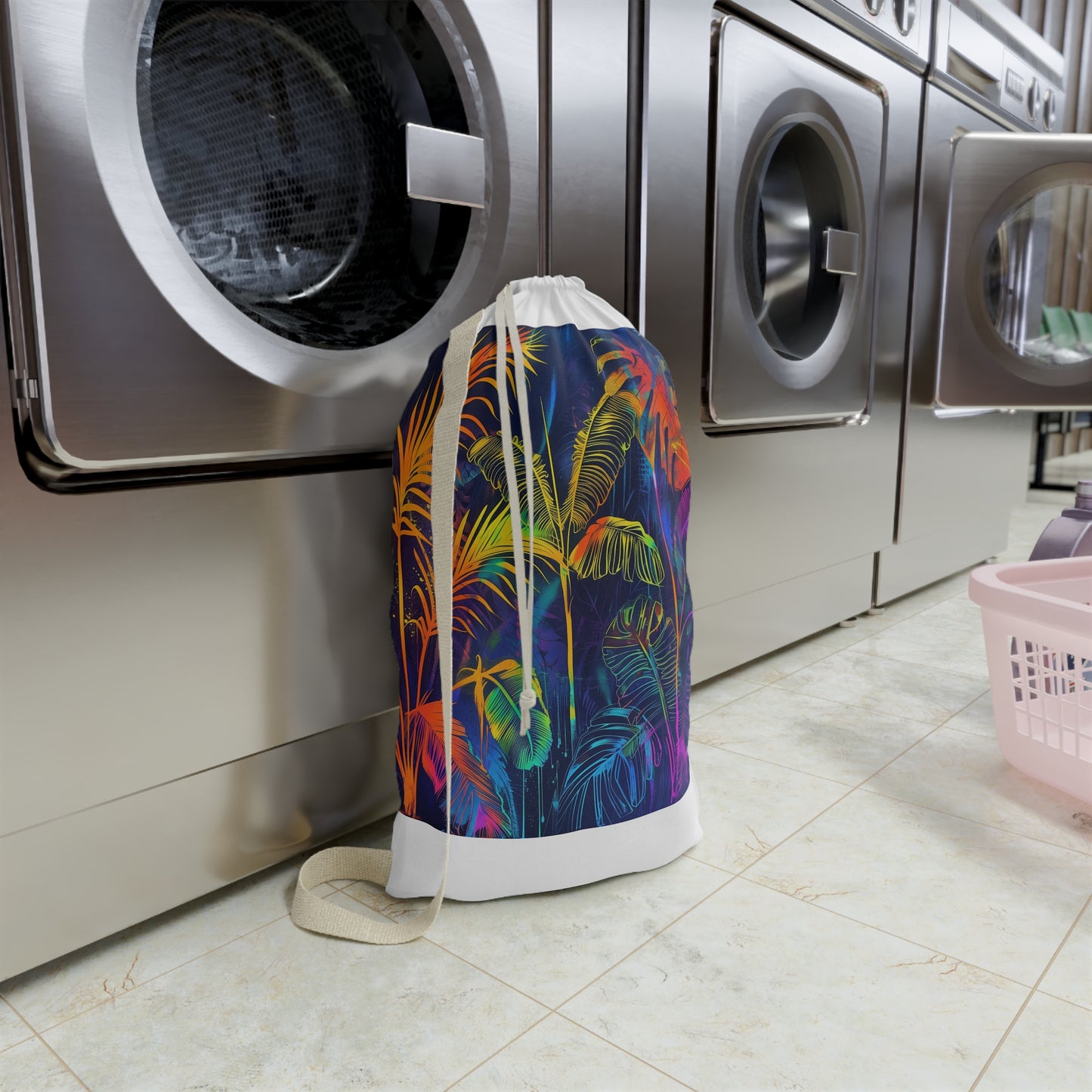 Tropical Neon Leaf Laundry Bag - Vibrant palm leaves design for stylish laundry organization in paradise