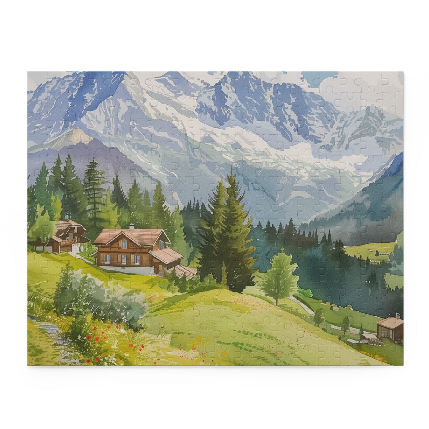 Swiss Alps Watercolor Puzzle - Vibrant hues and intricate details of a stunning mountain paradise jigsaw puzzle