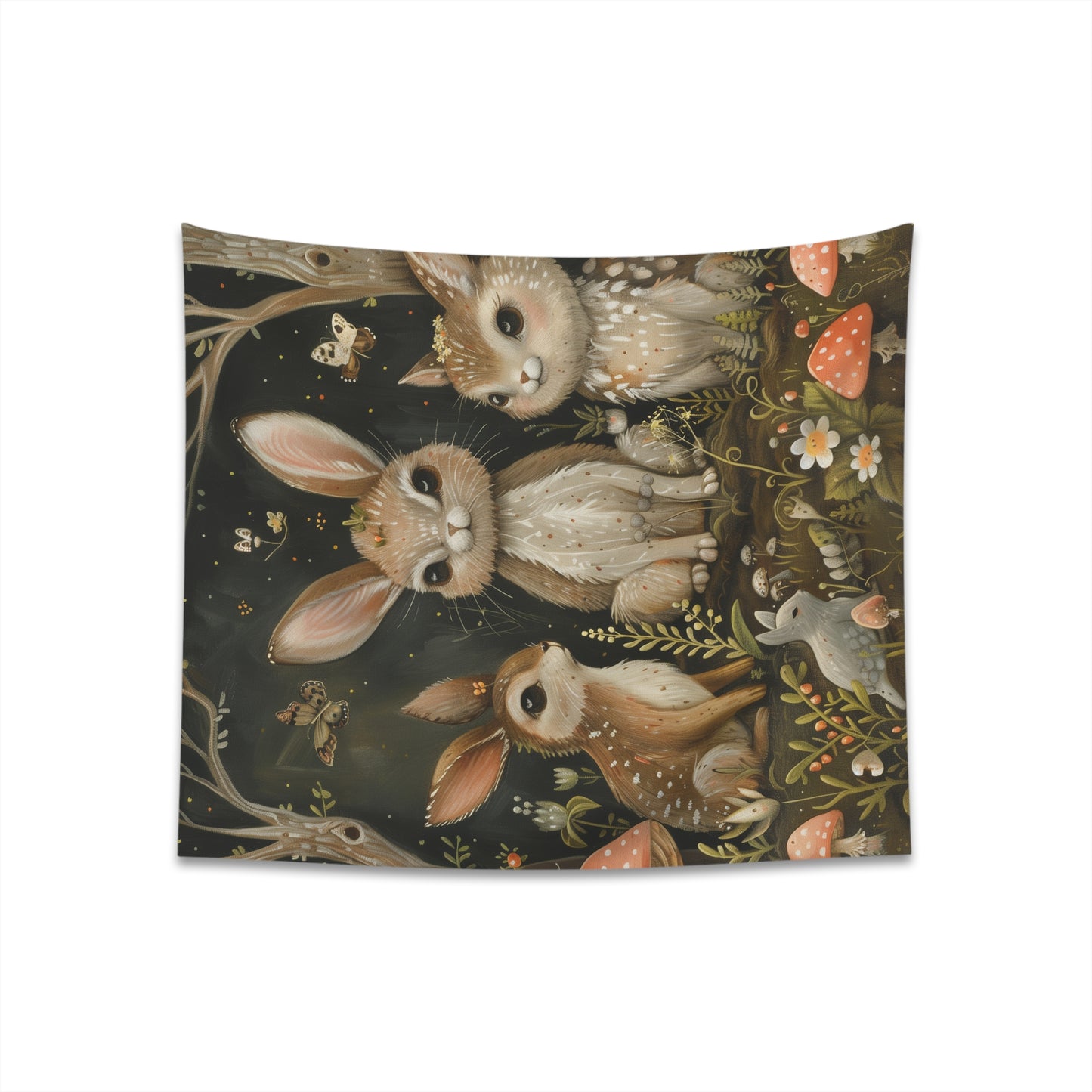 "Enchanted Forest Woodland Tapestry: Adorable creatures in lush scene, high-quality, perfect for all seasons - BenCPrints"