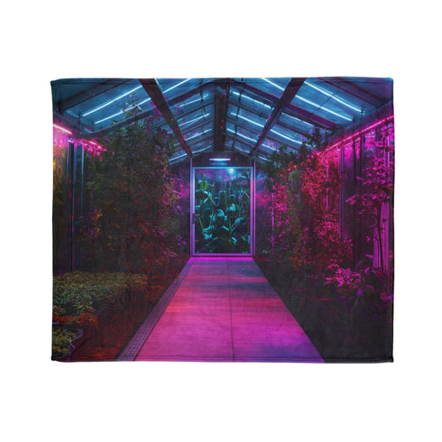 Space Garden in Glowing Greenhouse — Plush Fleece Throw Blanket — Draped Over Sofa & Bed Lifestyle View