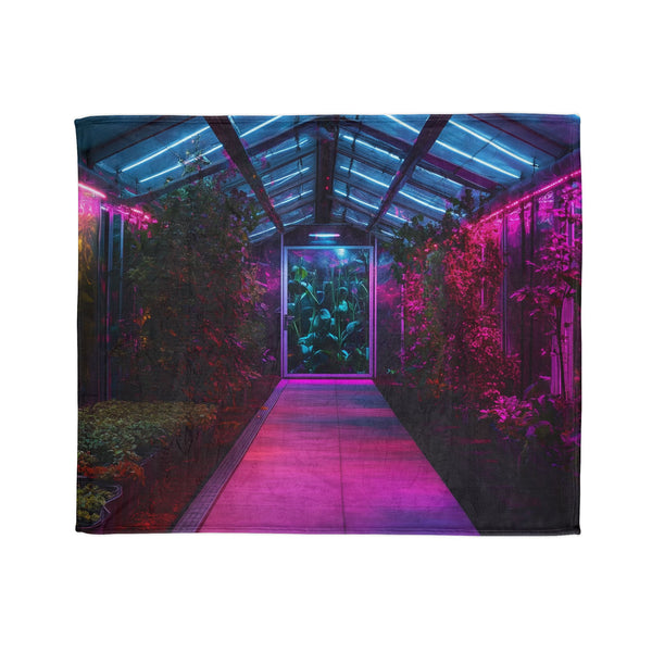 Space Garden in Glowing Greenhouse — Plush Fleece Throw Blanket — Draped Over Sofa & Bed Lifestyle View