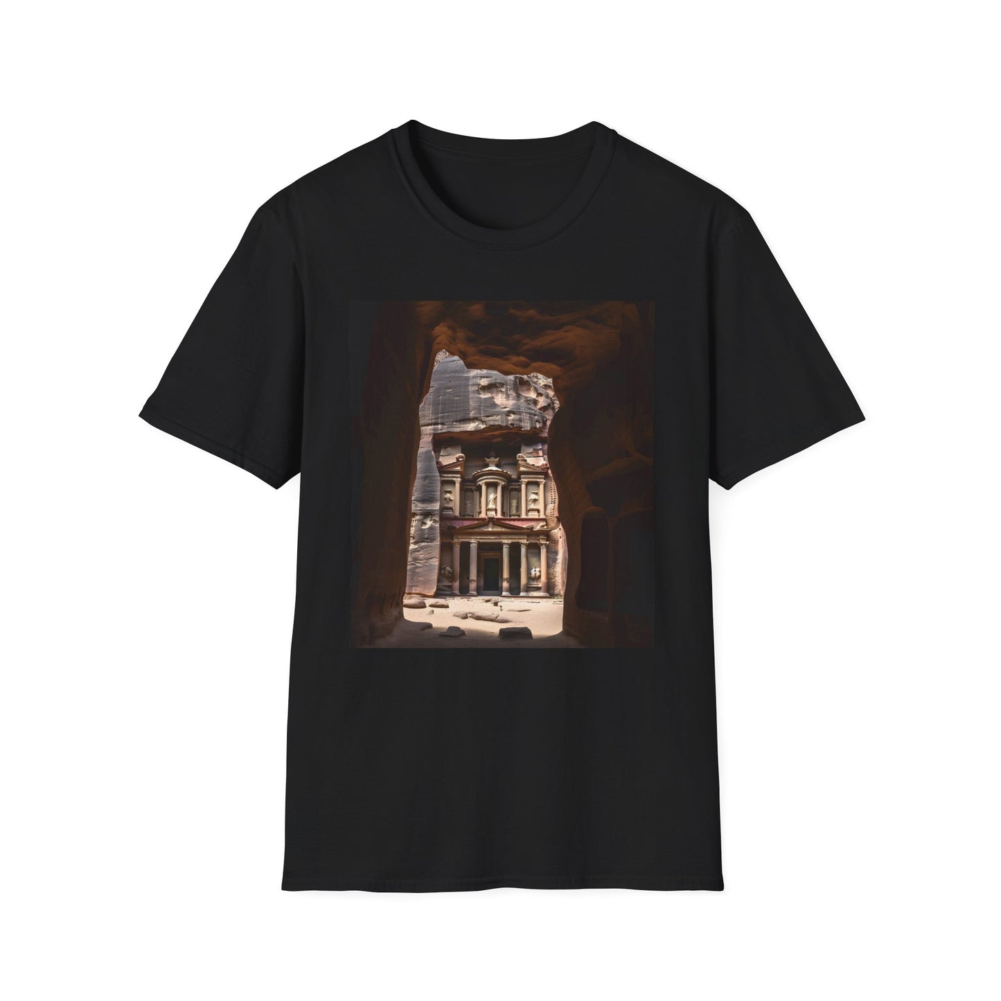 Echoes of the Rose-Red City | T-Shirt | Al-Khazneh, Ancient City, Archaeological Wonder, Historical Landmark, Jordan Tourism, Middle Eastern Culture, Rock-cut Architecture, Sandstone Cliffs, Siq Canyon, Sunset Views | Prints with Passion