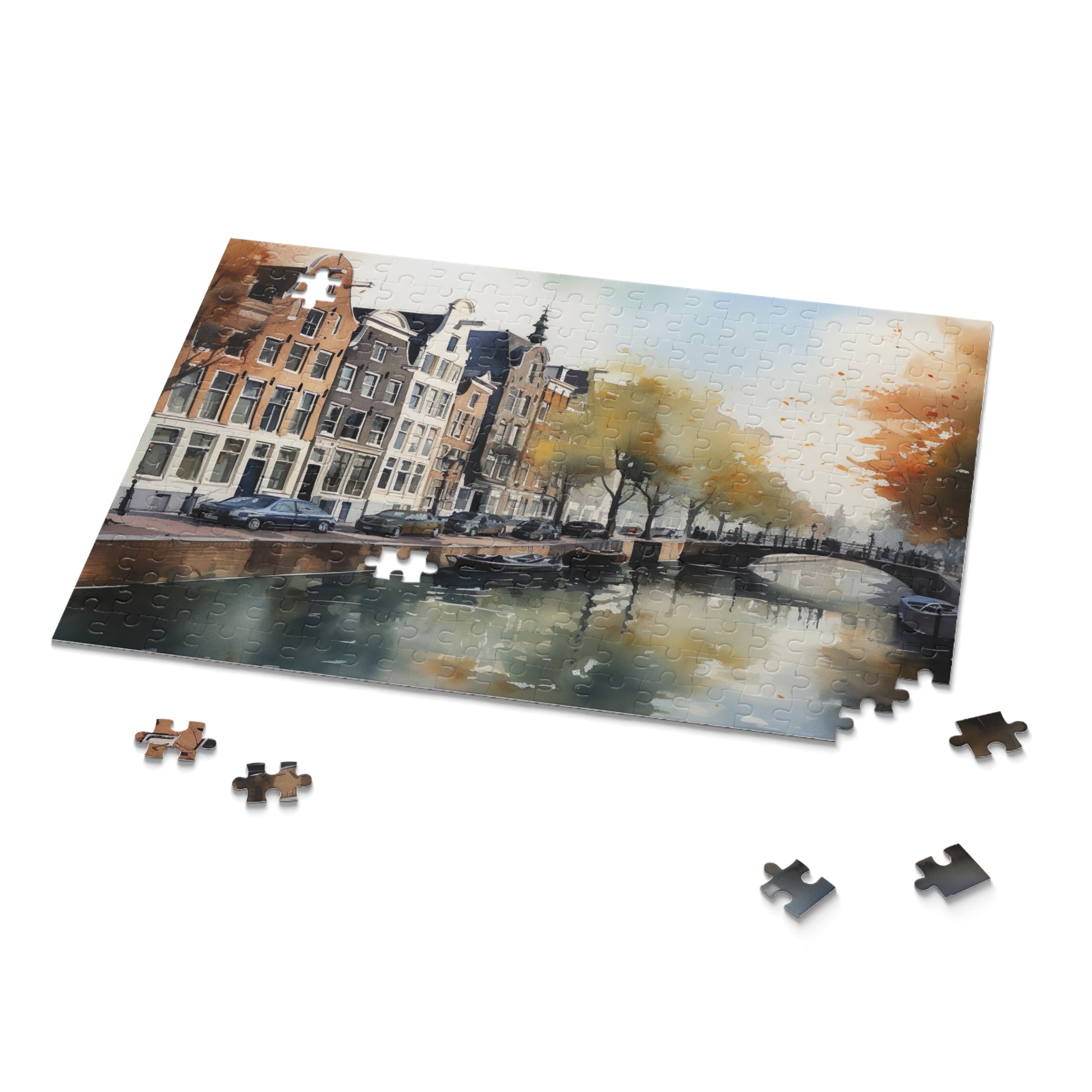 "Amsterdam Adventure jigsaw puzzle featuring iconic canals and architecture, perfect for tourists and puzzle lovers"