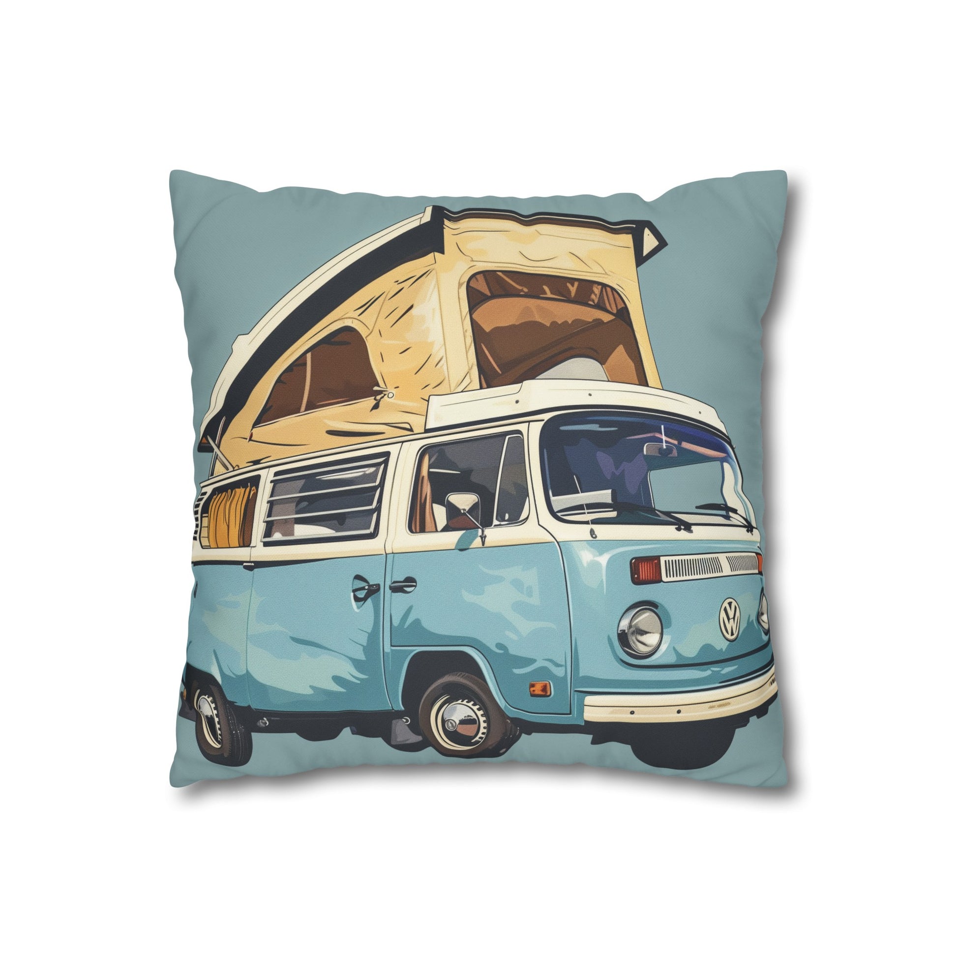 "Powder Blue Camper Pillowcase - Retro camper van design in light blue, perfect for travel enthusiasts, high-quality material."