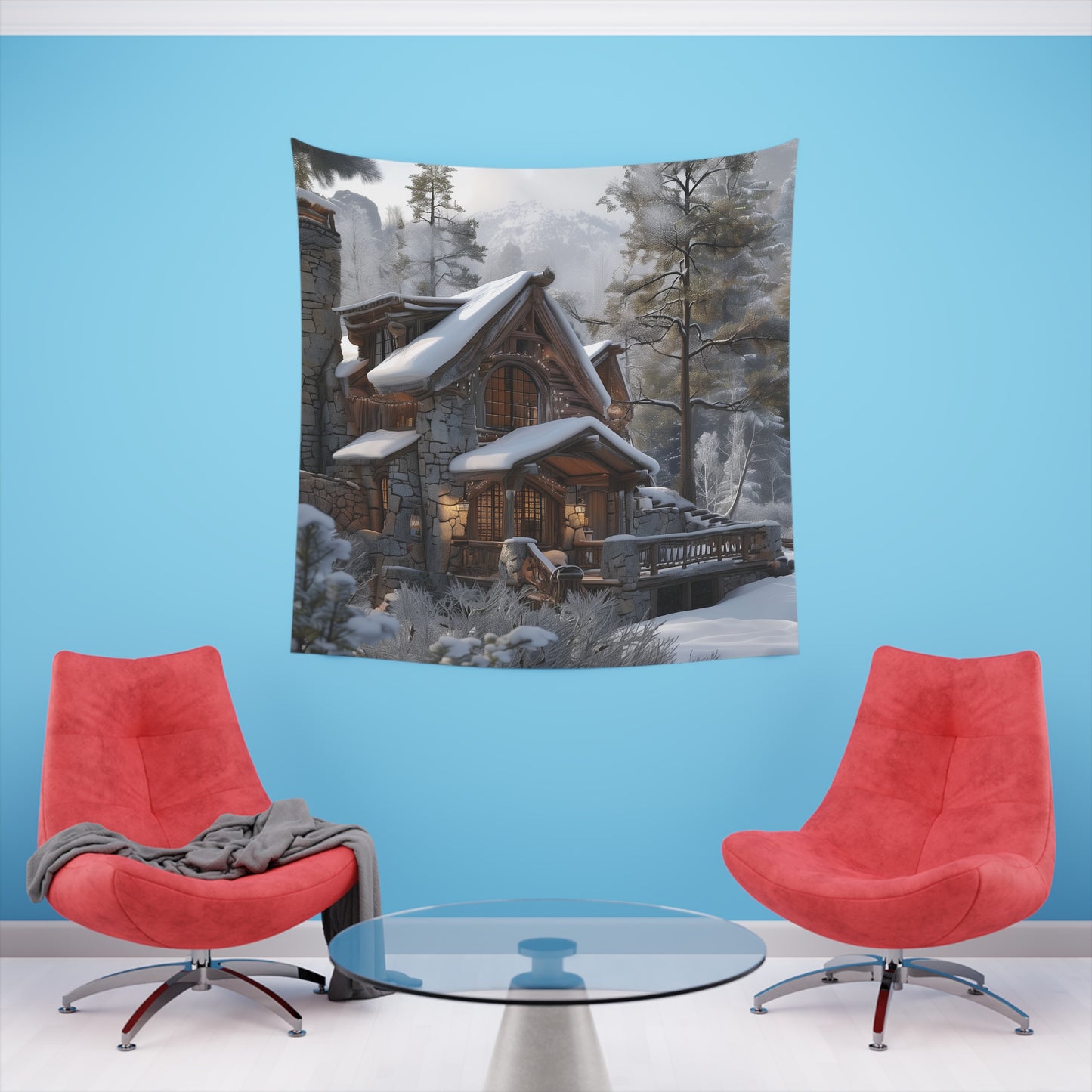 Mountain Hideaway: A Rustic Tapestry | Wall Tapestry | All Over Print, AOP, Decor, Halloween, Home & Living, Home Decor, Indoor, Spring Essentials, Sublimation, Tapestry | Prints with Passion